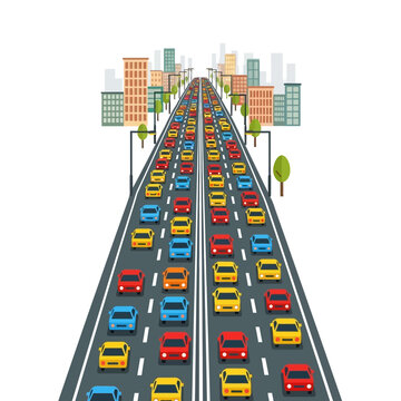 Busy City Highway Traffic Jam with Colorful Cars and Skyscrapers