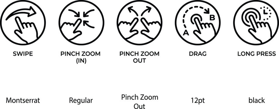 Touch UI gestures icons swipe pinch zoom drag long press hand finger interaction mobile app