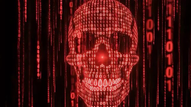A red skull made of binary code on a dark background with vertical lines
