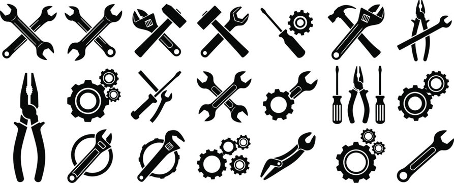 Collection of black industrial tool icons including wrenches hammers and gears for repair service maintenance and construction vector illustration