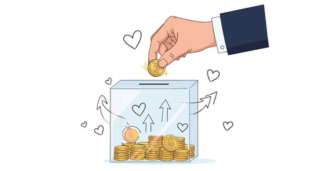 Obraz premium Human hand putting a gold coin into a transparent donation box filled with money and surrounded by heart shapes representing charity and care.