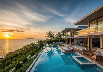 Fototapeta premium Luxury villa overlooking the ocean during a vibrant sunset.