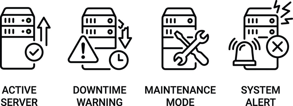 Set of server status and system alert icons for IT infrastructure monitoring