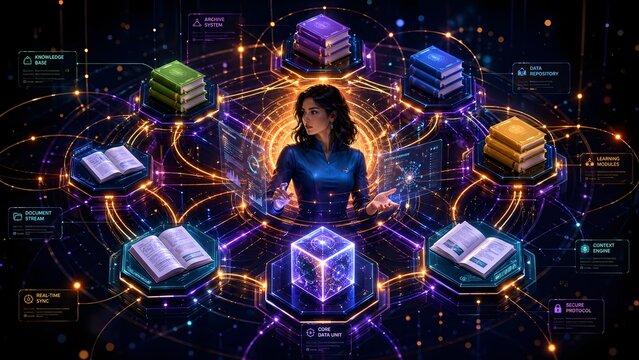 Futuristic Digital Information Network Hub with Woman Interacting with Data Streams and Knowledge Resources