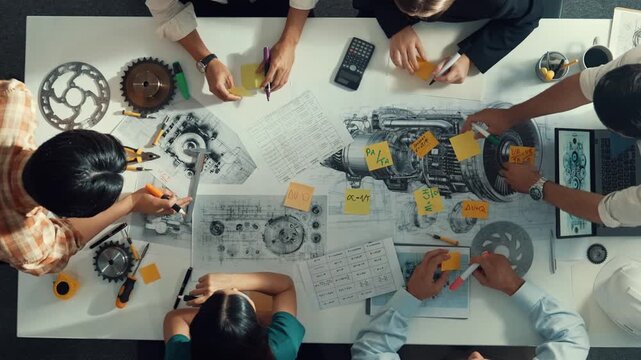 Top view of smart engineer team in casual cloth talking about turbine engine structure at table with metal gear, calculator, sticky notes. Group of technician taking a note in meeting. Alimentation.