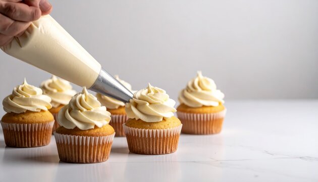Hand piping frosting onto a batch of cupcakes.