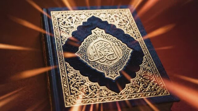 Beautiful Holy Quran Book with Glowing Light Effects and Islamic Calligraphy.