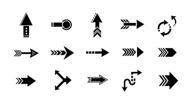 Set of diverse black arrow icons pointing in multiple directions with collection