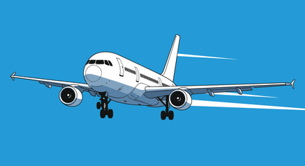 Naklejka premium Large white commercial passenger jet airplane flying through a clear blue sky with white contrails behind its engines.