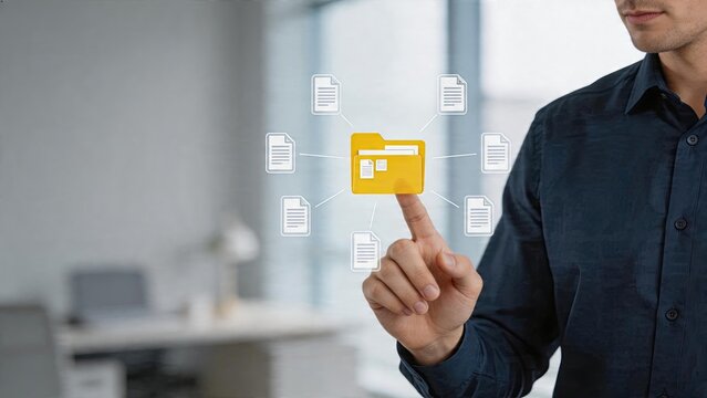 Businessman selecting digital cloud storage solution connecting online data files organizing virtual documents managing information system cybersecurity technology concept for
