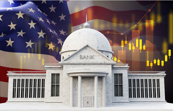 Bank building on USA flag background with stock graph chart. American economy and business. Federal Reserve Bank