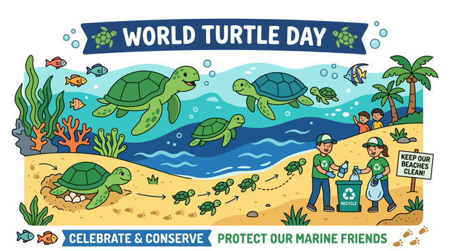 Illustrative celebration of sea turtle conservation showing their journey from beach nesting to ocean, with volunteers cleaning habitats