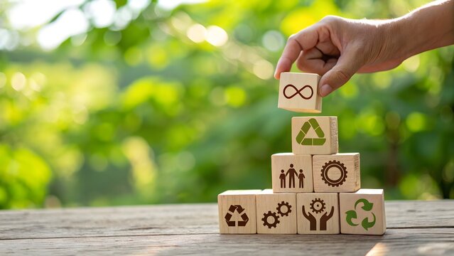hand placing wooden block with infinity loop on sustainable development cubes