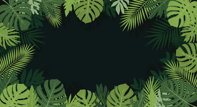Lush frame made of various green tropical leaves like monstera and palm fronds over a dark green background.