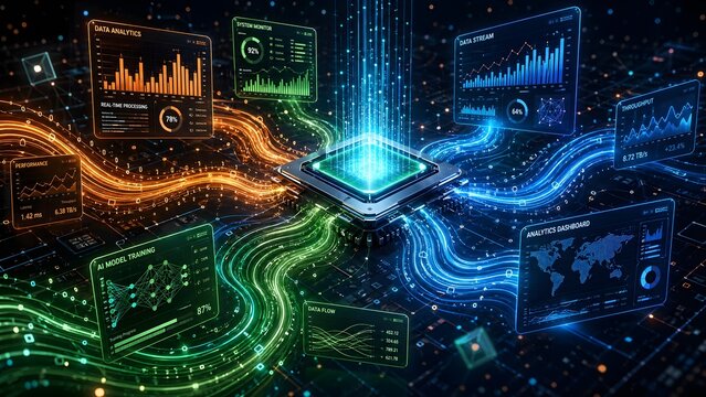 Futuristic Digital Data Processing and Analytics Dashboard Interface with Central Processor