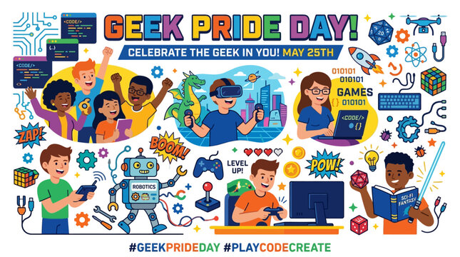 Celebrate Geek Pride Day with a Fun and Colorful Illustration of People Enjoying Technology and Hobbies