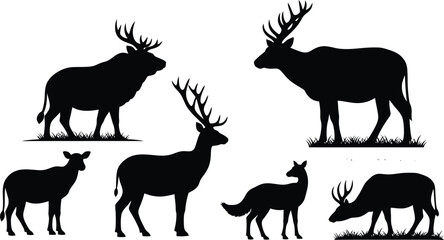Fototapeta premium Deer silhouette collection a variety of antlered and young deer poses
