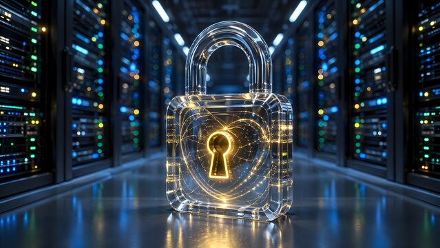 Transparent Crystal Padlock Symbol with Glowing Circuitry in a Dark Server Room Data Center