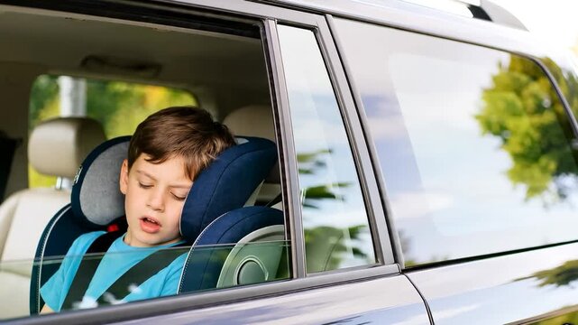 Young boy sitting in a car seat during a long road trip while looking bored and falling asleep, concept of travel fatigue and childhood transportation safety.