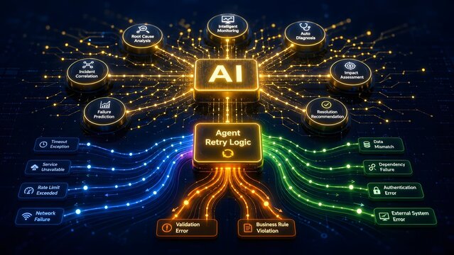 Futuristic AI Brain with Agent Retry Logic and System Error Analysis Flowchart