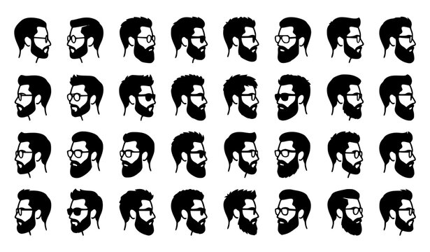 Set of bearded man silhouettes with glasses in profile views modern vector collection isolated on white