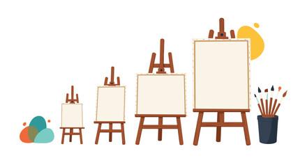 Fototapeta premium Collection of wooden artist easels in various sizes holding blank white canvases for painting and drawing on a clean background with art tools.