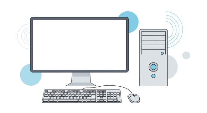 Full desktop computer system with a large monitor a cpu tower and a keyboard with a mouse for professional work gaming or home office use.