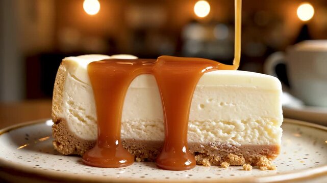 Caramel cheesecake dessert slice with rich sweet sauce dripping over creamy layer and crumb crust, indulgent gourmet treat and baked caramel sauce cheesecake slice dessert with crunchy biscuit crust