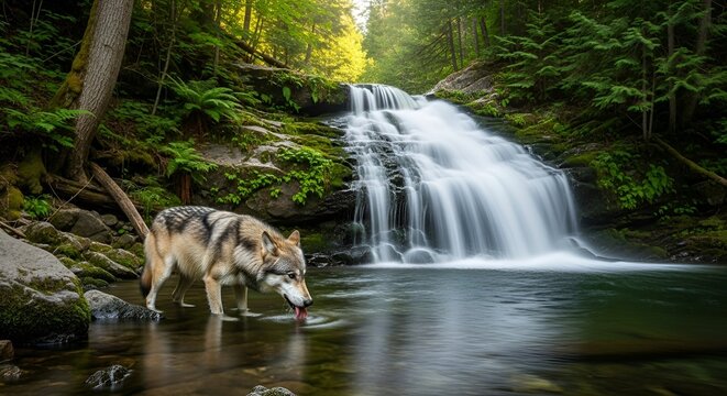 In a captivating scenery, a beautiful wolf is drinking from the serene river near a spectacular cascade, with lush green trees enhancing the tranquil atmosphere of the natural environment