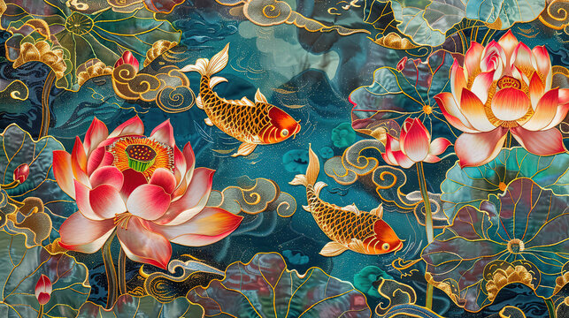 Traditional embroidery art lotus pond with fish golden clouds vivid colors gold thread intricate pattern Chinese landscape high resolution