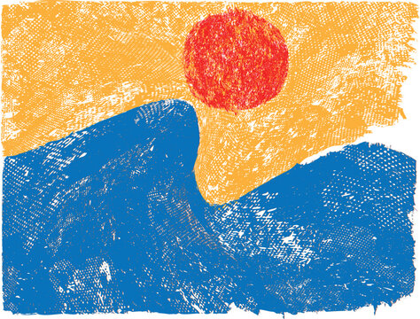 Ocean wave background in sunset with blue brush texture, summer sea banner ideal for surfing with copy space, artistic grunge design. Golden hour . Vector