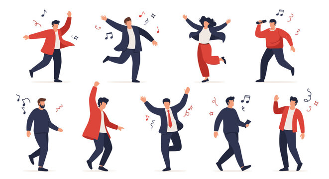 Large group of diverse business people in office attire dancing and celebrating with musical notes around them.