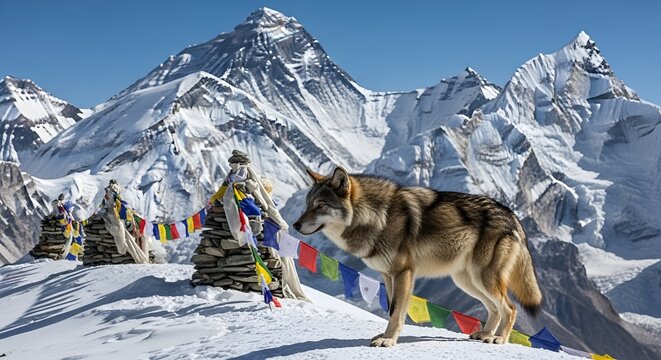 Majestic canine on a snowy peak contemplates the breathtaking vista of Mount Everest and vibrant prayer flags blowing gently in the wind, capturing nature's serene grandeur at its finest