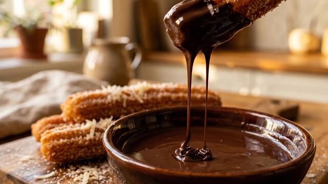 A close-up shot of a sugar-dusted churro being dipped into a bowl of rich, melted chocolate, set in a warm, rustic kitchen environment.
