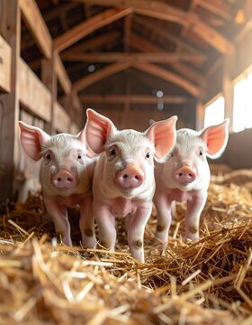 Three adorable piglets in a barn.