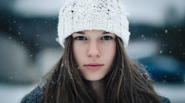 Portr&auml;t einer jungen Frau mit Strickm&uuml;tze im Schneefall &ndash; intensiver Blick, Winterstimmung, nat&uuml;rliche Sch&ouml;nheit. Kalte Farbwelt, minimalistisch mit viel copyspace und copy space.