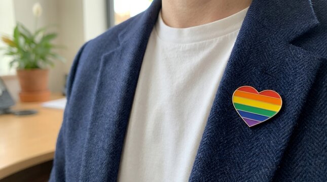 Professional wearing rainbow heart pin on smart casual navy blazer close-up