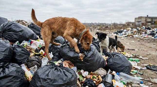 Stray dog scavenging through overflowing garbage bags in polluted landfill area