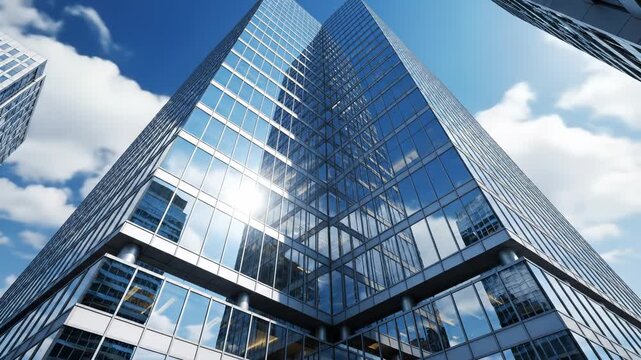 Modern glass skyscraper corporate office building blue sky cloud reflection city skyline urban architecture business tower exterior perspective financial center downtown business district
