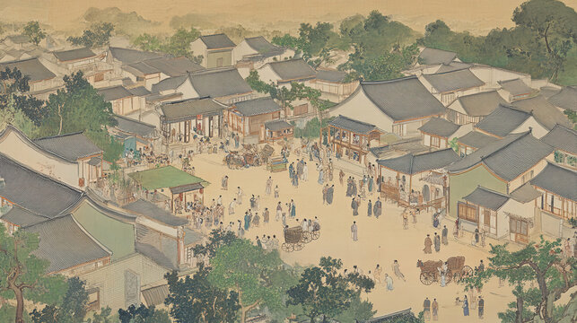 Chinese ancient painting old town many houses bustling crowds traditional architecture lush green trees foreground open square cultural activities dancing stages horses pulling carriages farmhouses bo
