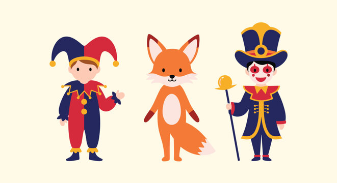 Row of three cute cartoon characters including a jester, a red fox, and a circus ringmaster on a light background.