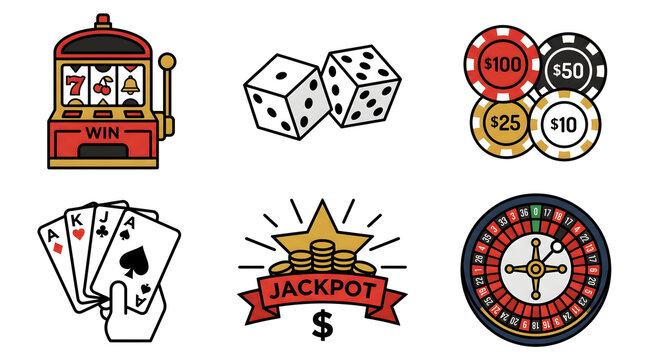 Casino Gambling Icons Set: Slot Machine, Dice, Poker Chips, Cards, Jackpot, Roulette Wheel Vector Illustrations