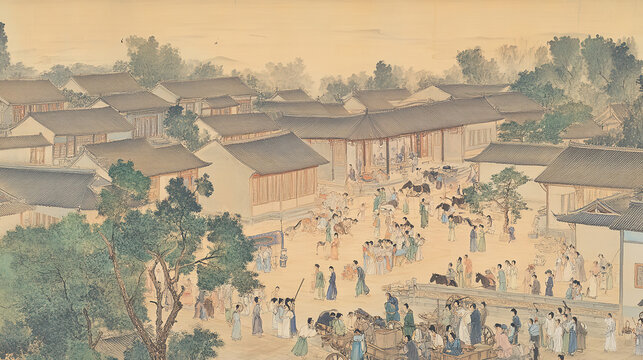 Chinese ancient painting rural town houses crowd traditional buildings trees foreground square dancing stage horse drawn carriage road side farmhouses high resolution ink wash style