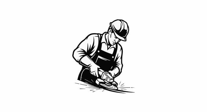 Man wearing hard hat and apron grinds metal with angle grinder