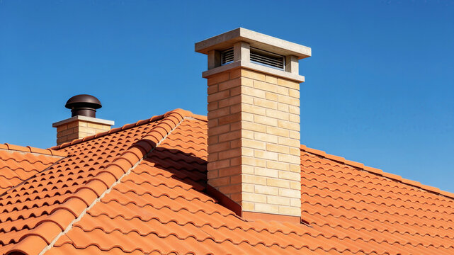 Modern Brick Chimney on Orange Mediterranean Clay Tile Roof Under Clear Blue Sky