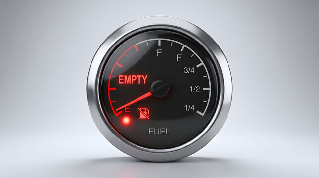 Automotive fuel gauge showing an empty tank indicator, representing fuel shortage, transportation, and vehicle energy concepts.