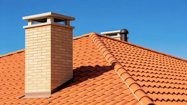 Modern Brick Chimney on a Mediterranean Style Orange Tiled Roof under Blue Sky