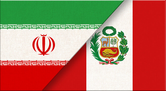 Double flag of Iran and Peru on fabric texture. Iranian and Peruvian flag in one