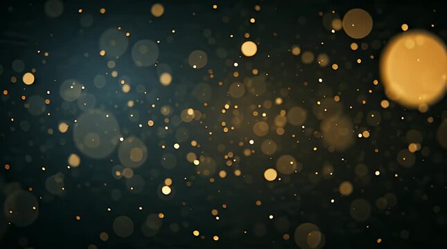 Abstract golden particles floating in dark space, creating a magical and festive atmosphere.
