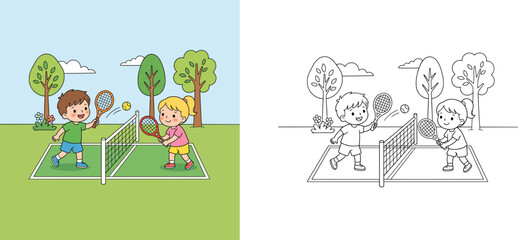 Fototapeta premium Cute Boy and Girl Playing Tennis Outdoors Cartoon Illustration and Coloring Page Vector - Happy Children Athletes Hitting Ball on Grass Court for Kids Activity and Education